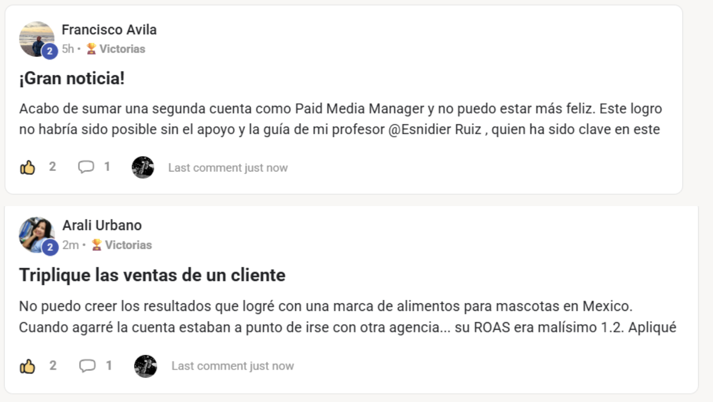 Publicaciones de alumnos en la comunidad contando sus victorias